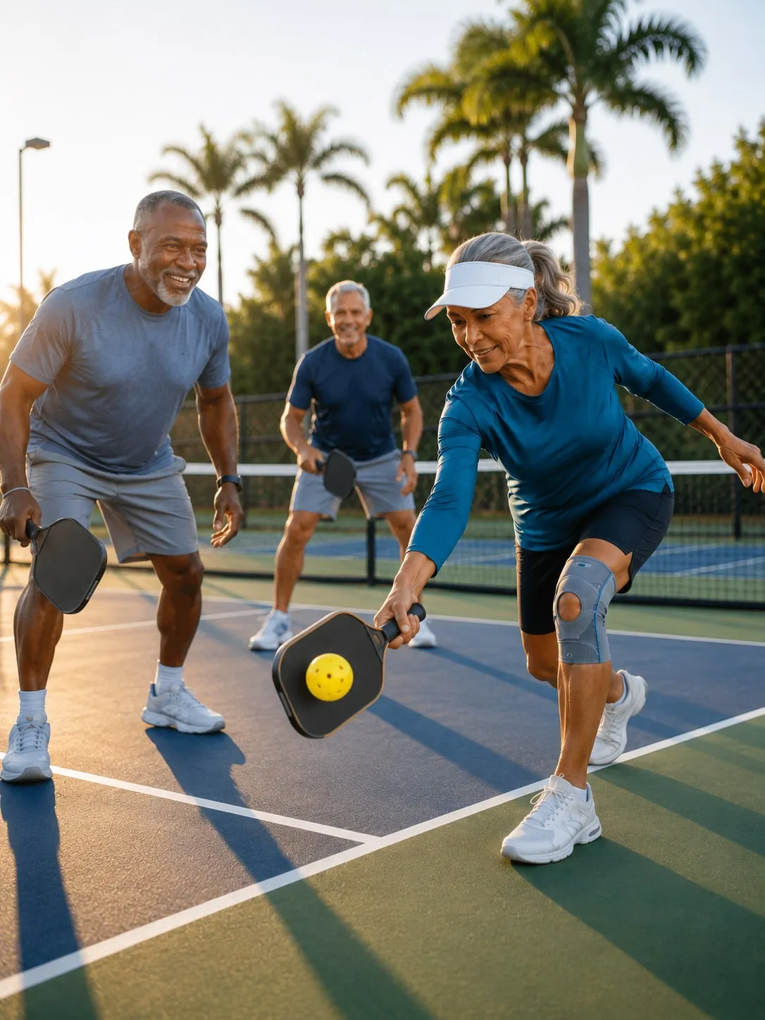 Three active adults playing pickleball outdoors, one wearing a knee brace — returning to the activities you love after orthopedic care